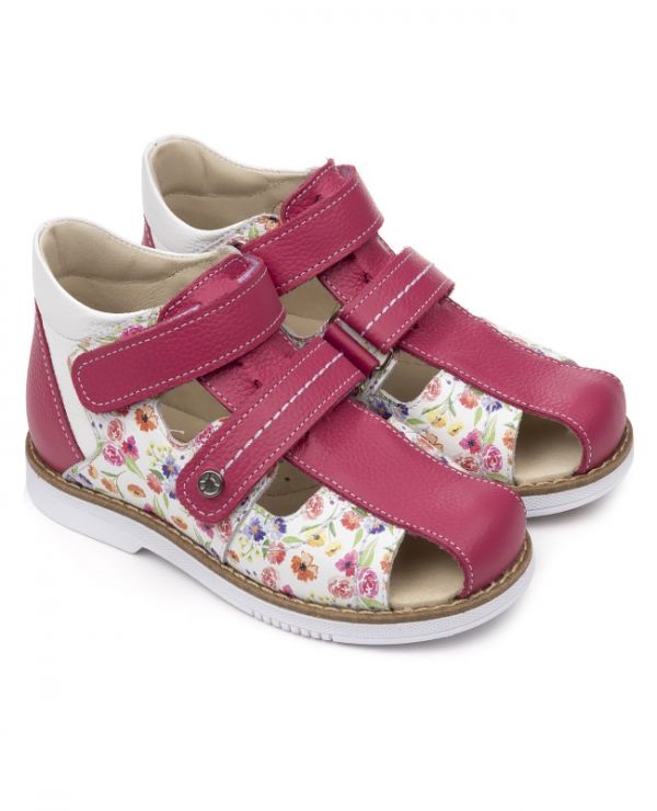 Children's sandals 26033 leather FUCHIA crimson/flowers
