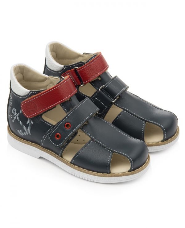 Children's sandals 26004 leather, blue/red/white/anchor